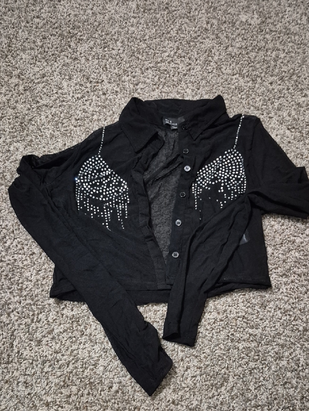 Black Button-Up Crop Top with Rhinestone Bra Accent